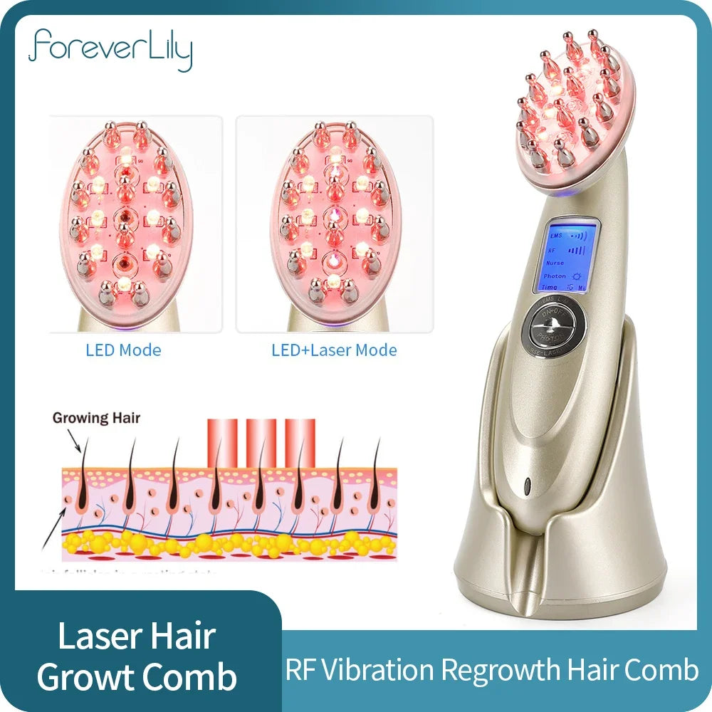 New Laser Hair Regrowth Comb Anti Hair Loss Therapy Hairbrush Head Massager Infrared RF Nano LED Light EMS Vibration Brush